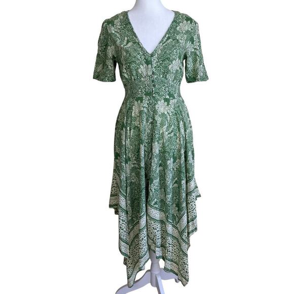 Japna Green Paisley Bandana Hem Smocked Midi Dress Boho Coastal Feminine S - Picture 1 of 14